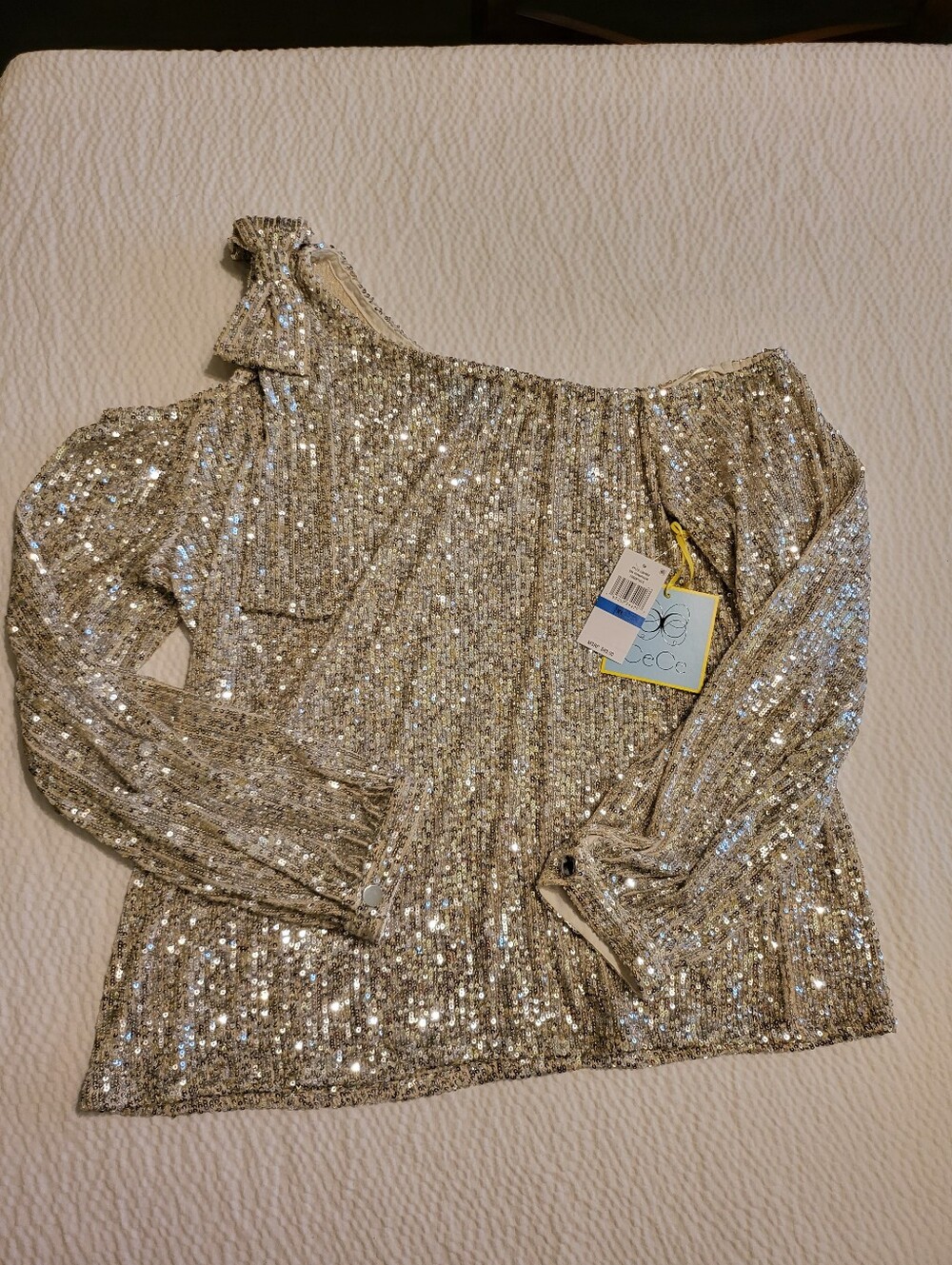 Silver Sequin Cold-Shoulder Blouse - Picture 3 of 3